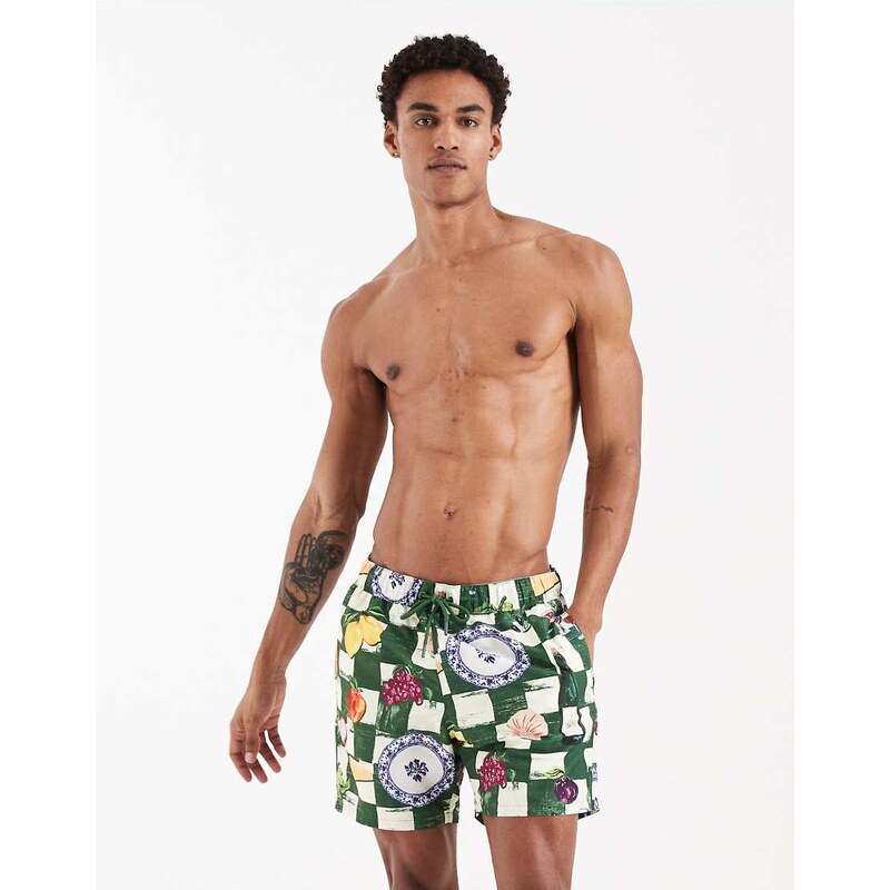 ASOS DESIGN mid length swim shorts in tile fruit print-Multi