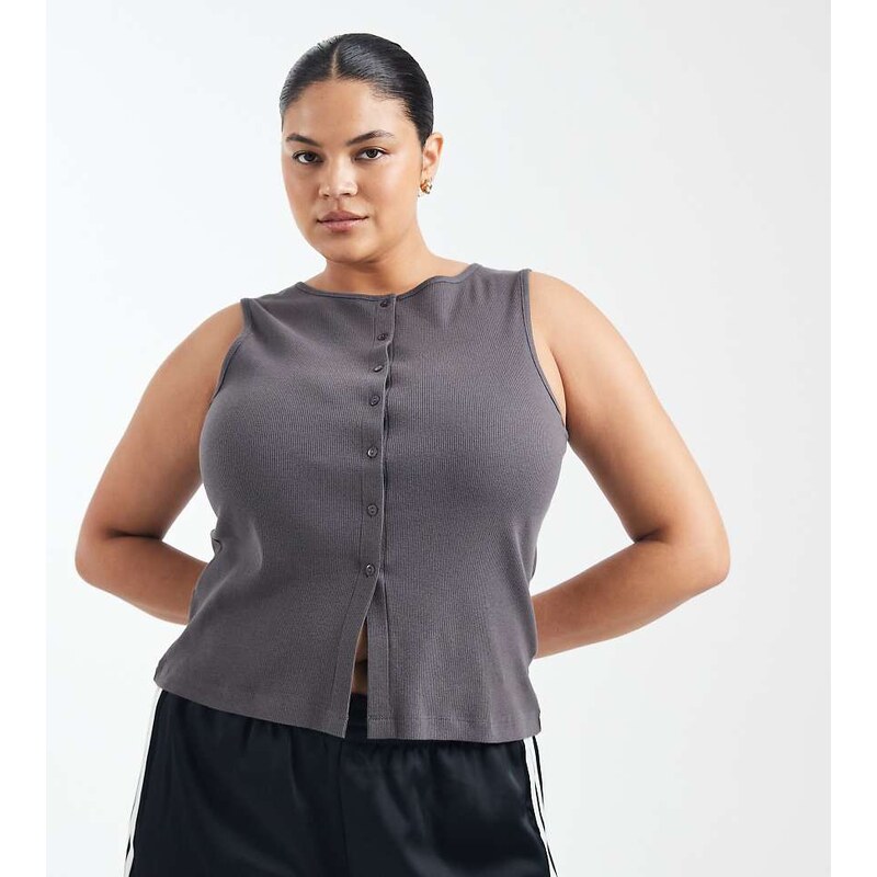Brave Soul Plus Brave Soul Curve button down vest in charcoal grey 113436337