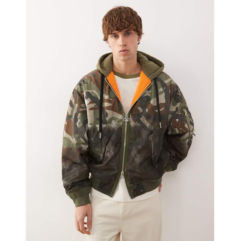Aape by A Bathing Ape heavyweight hooded bomber jacket in dark camo 113441609