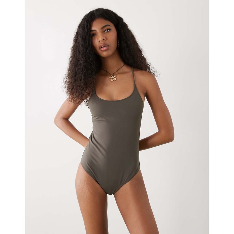 Weekday crossover low back swimsuit in dark mole-Grey