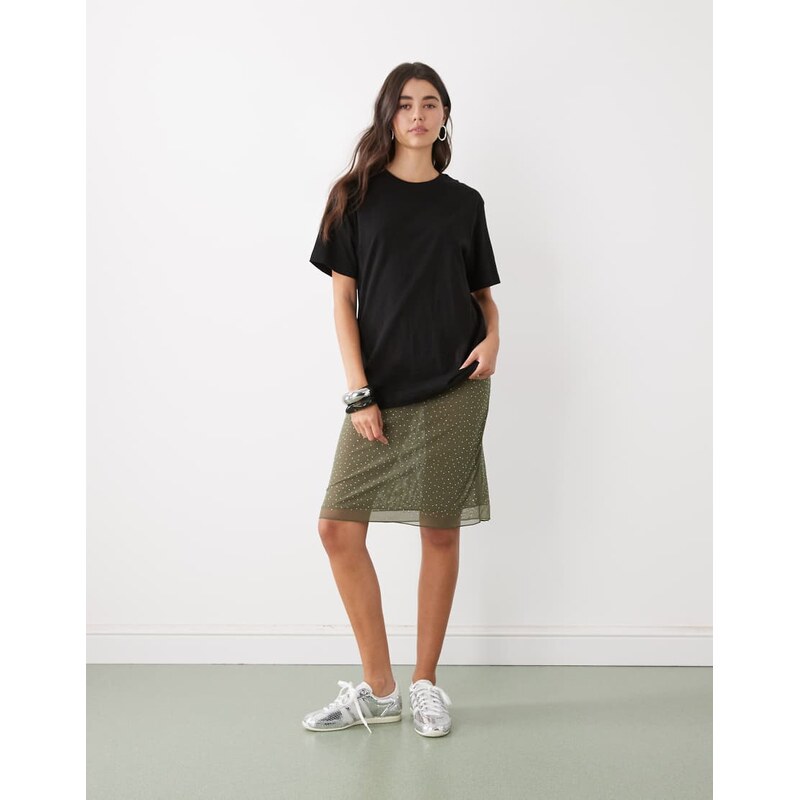 Monki knee length skirt in khaki rhinestones-Green