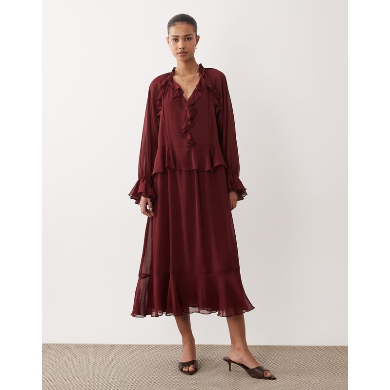 Mango frill detail long sleeve maxi dress in fig-Red