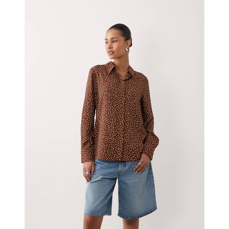 Mango classic shirt in brown and cream polka dot 113436409