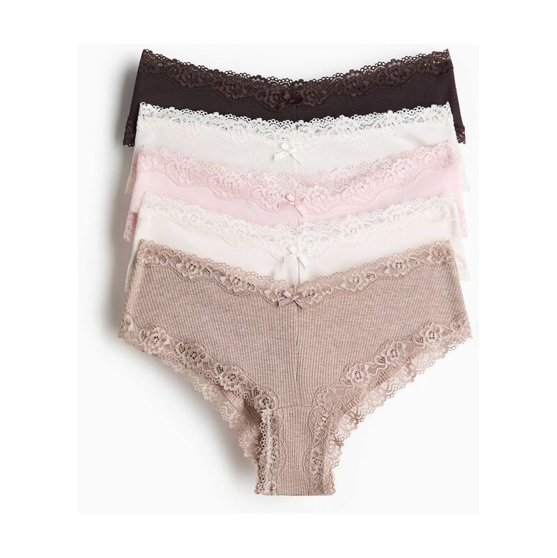 H&M - Kalhotky hipster z bavlny a krajky 5 kusů - hnědá 113436469