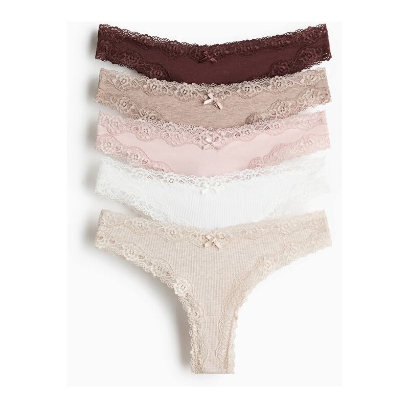 H&M - Kalhotky brazilian z bavlny a krajky 5 kusů - béžová 113436623