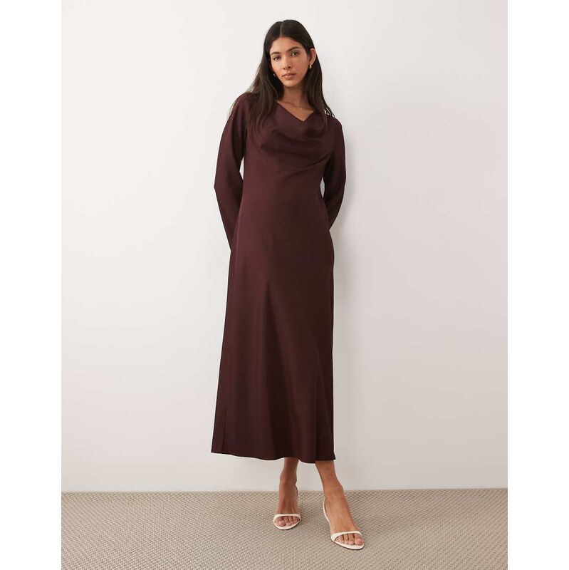 Mango draped neck long sleeve maxi dress in deep red