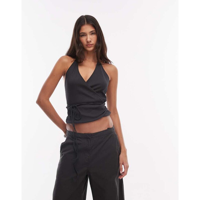 Weekday halter wrap top in off black