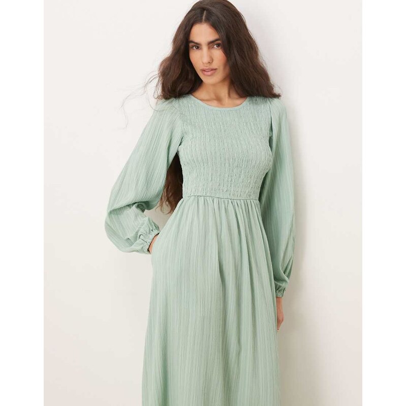 Threadbare long sleeve crinkle midi dress in mint-Blue 115518211