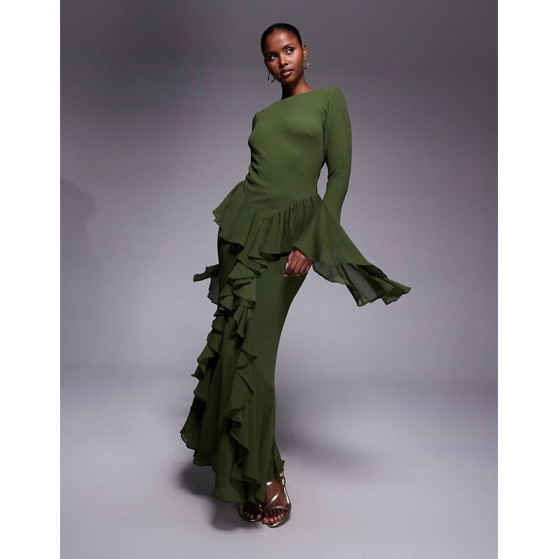 ASOS DESIGN long sleeve ruffle maxi dress in forest green