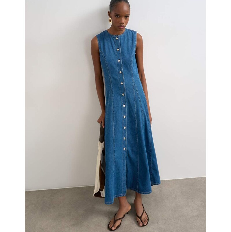Topshop denim godet seam maxi dress in rich blue