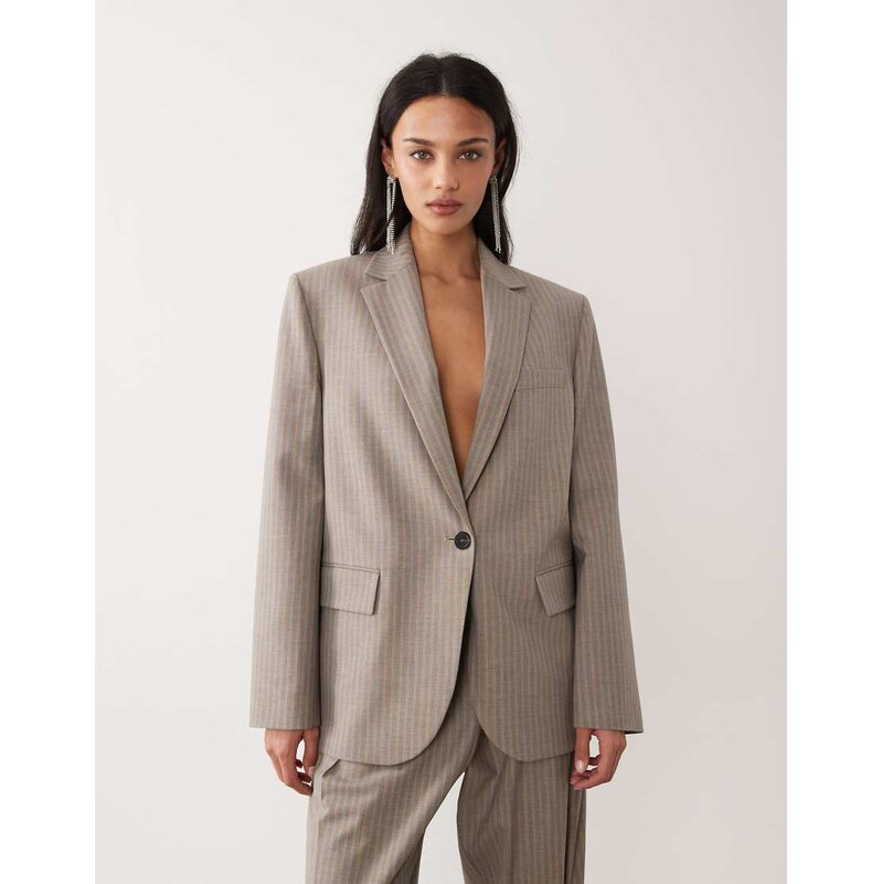 Mango Sol tailored blazer co-ord in beige and blue stripe-Neutral 113476847