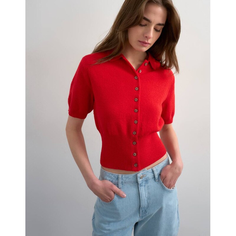 Topshop fine knitted towelling cinch waist polo in red