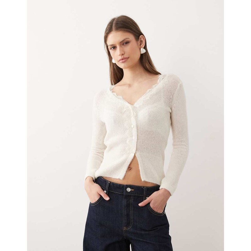 Mango v neck cardigan with delicate lace in cream-Neutral 113441679