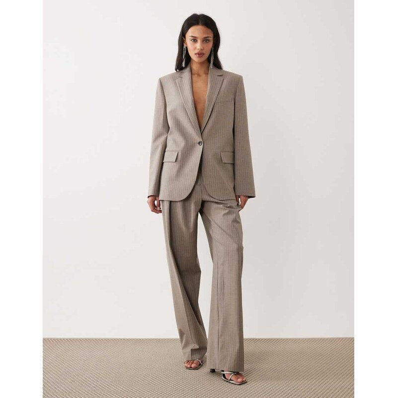 Mango Sol baggy tailored trouser co-ord in beige and blue stripe