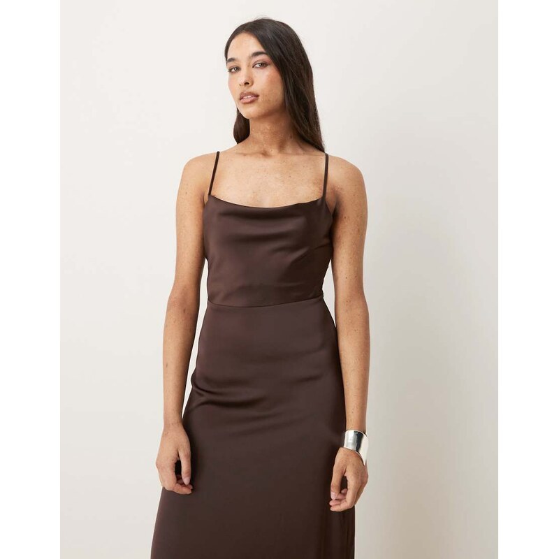 Vila satin cowl neck maxi dress in chocolate brown