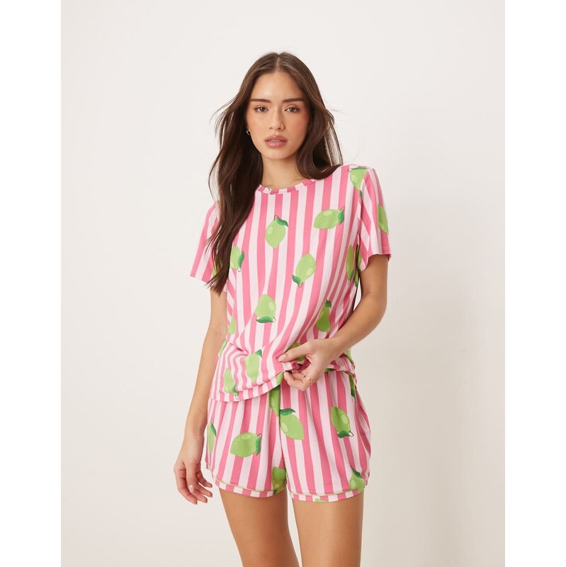 Urban Threads jersey t-shirt and short pyjama set in pink stripe lime 113465065