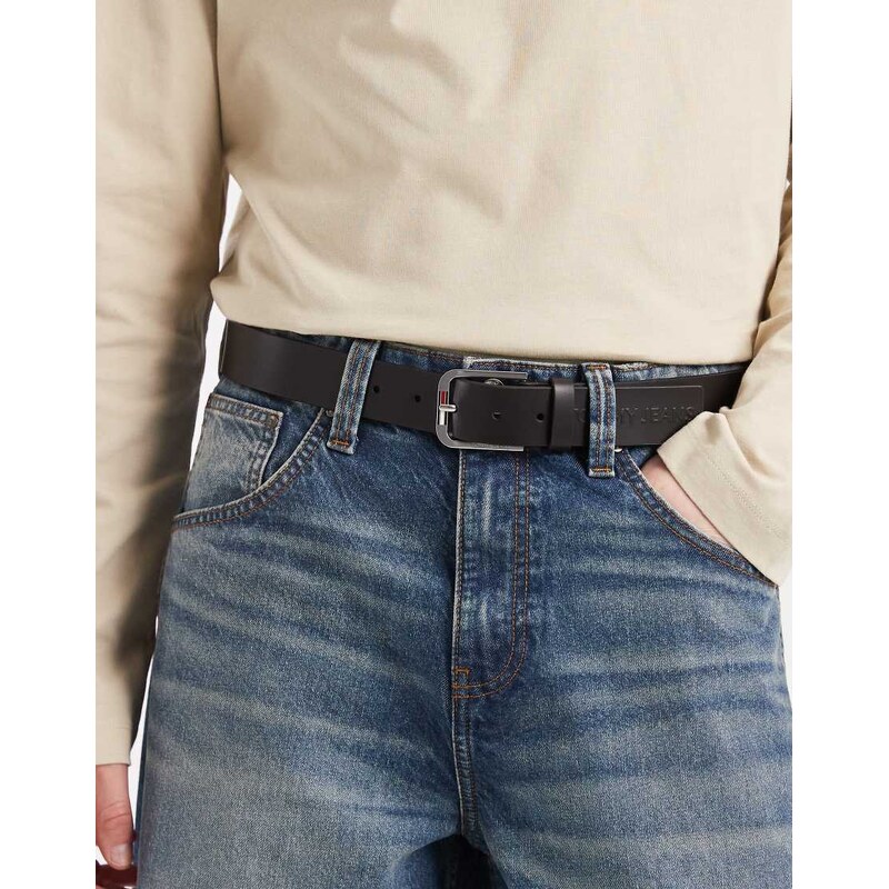 Tommy Jeans Austin leather belt with logo buckle in dark brown