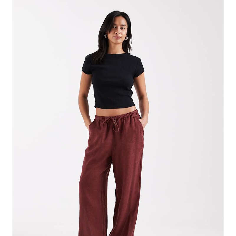 ONLY Petite linen blend wide leg trouser in burgundy-Red 115520720