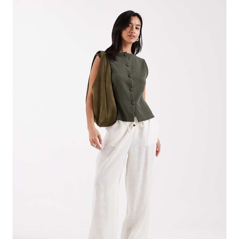 ONLY Petite linen blend wide leg trouser in white