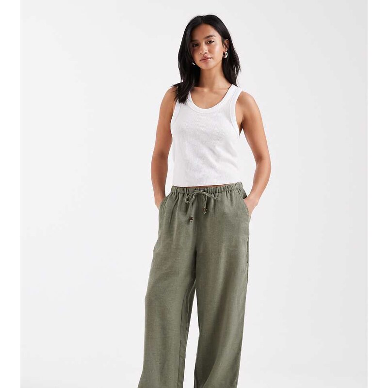 ONLY Petite linen blend wide leg trouser in light khaki-Green