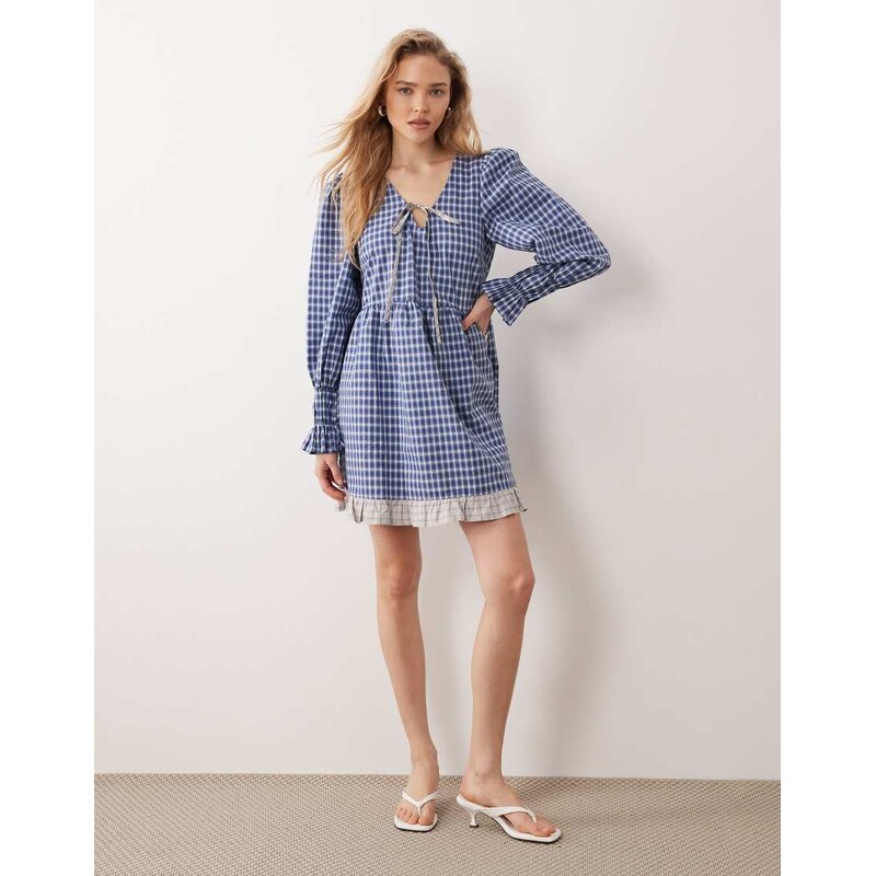 YAS tie front mini dress in blue and white gingham print