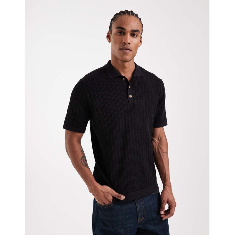ONLY & SONS open knit polo in black