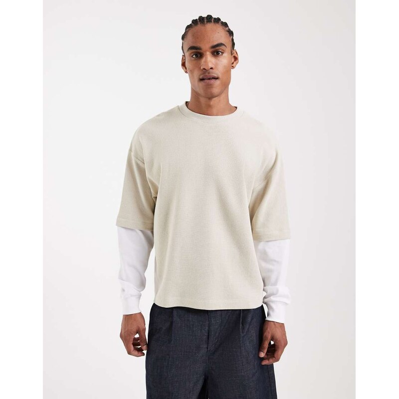 ASOS DESIGN oversized long sleeve t-shirt in beige waffle