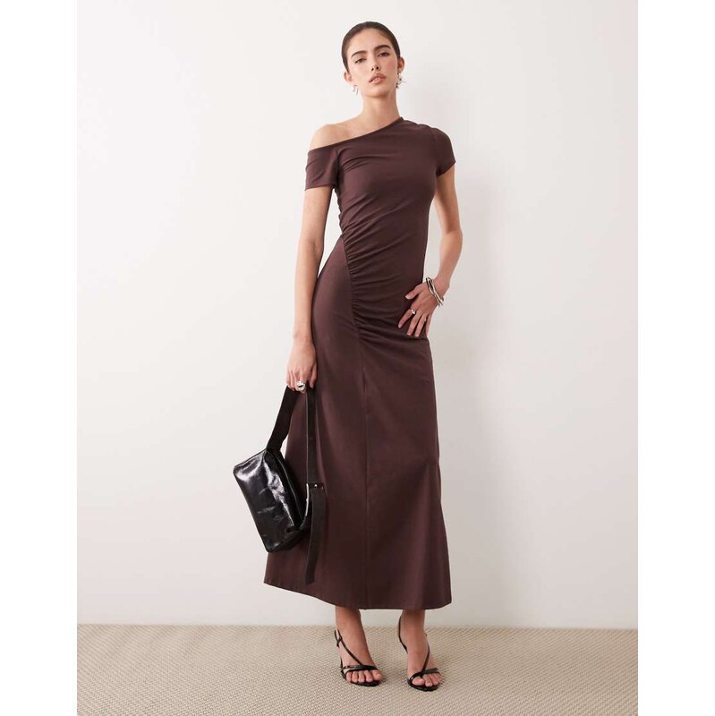 ASOS DESIGN off shoulder ruched maxi dress in chocolate-Brown