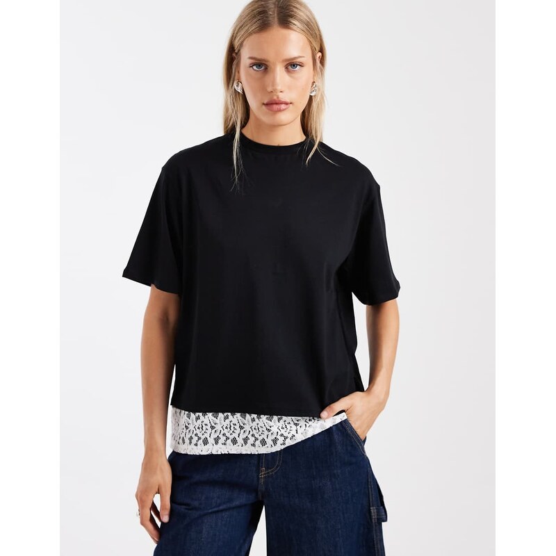 ASOS DESIGN short sleeve with open back with lace top in black
