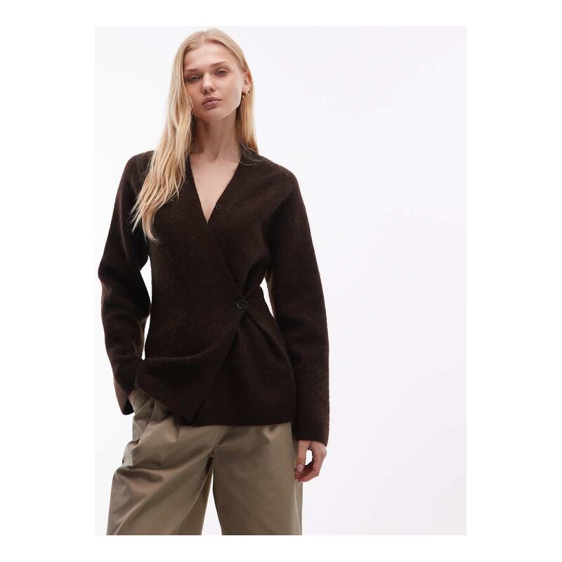 ARKET asymetric soft touch cinched waist cardigan in chocolate brown 111214513