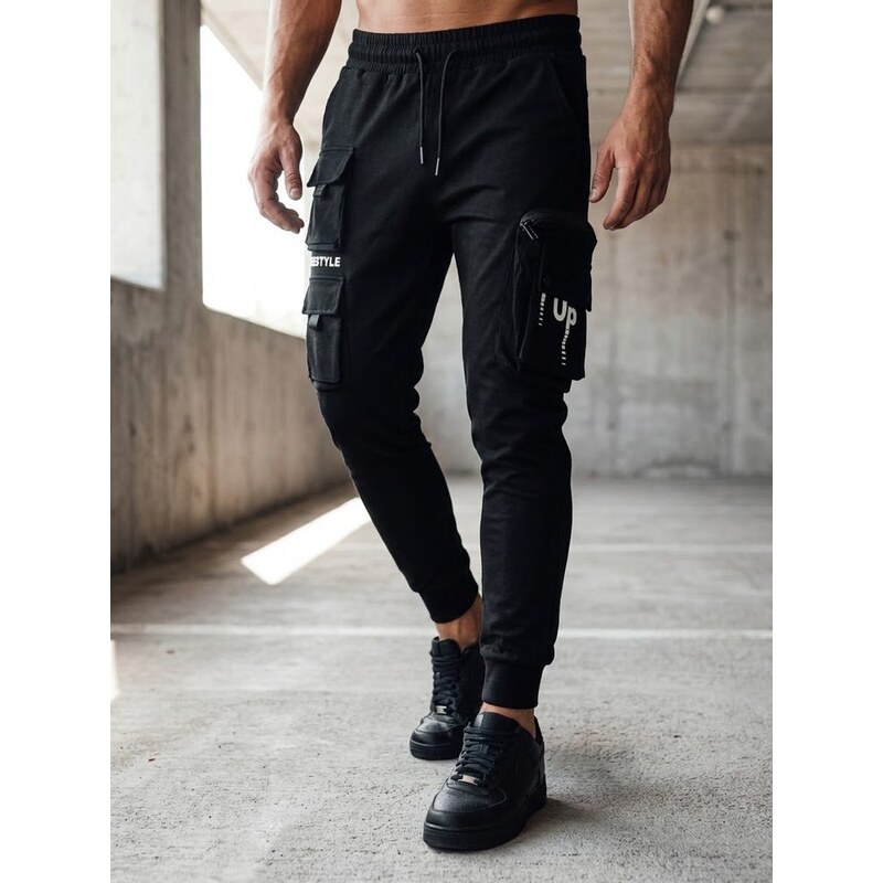 Dstreet Trendy černé pánské kapsáčové jogger kalhoty UP