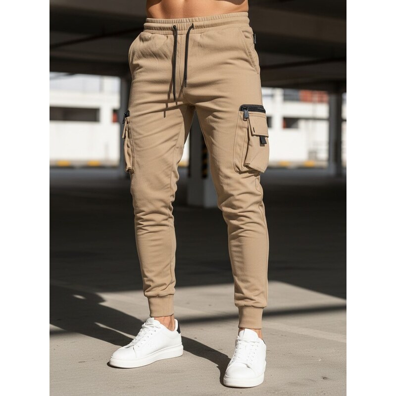 Dstreet Trendy béžové pánské kapsáčové jogger kalhoty UP