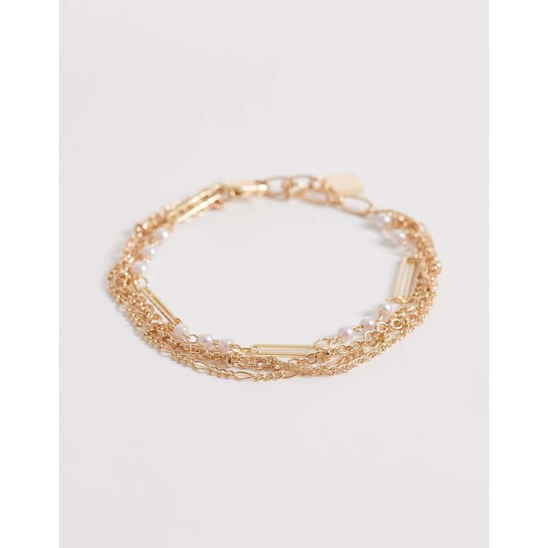 ASOS DESIGN multi-row chain bracelet with faux-pearl details in gold 115522104