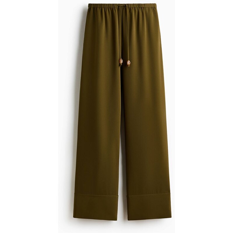 H&M - Široké kalhoty se stahovací šňůrkou - Tmavě Zelená Khaki