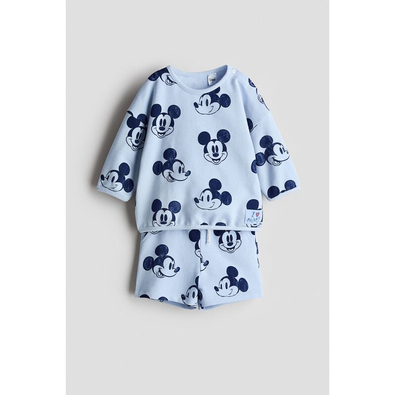 H&M - Dvoudílná souprava mikina a šortky - Bleděmodrá/Myšák