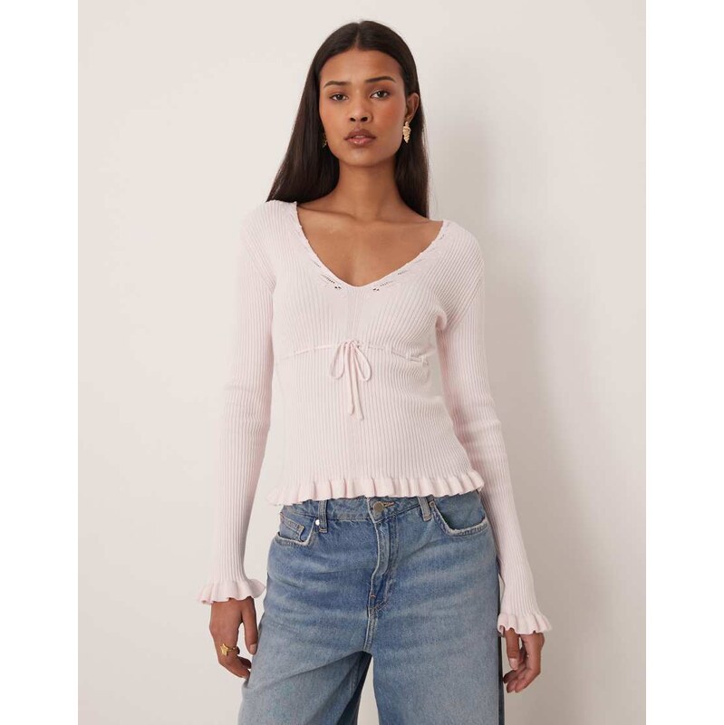 Gina Tricot long sleeve knitted frill top in pink 115549926