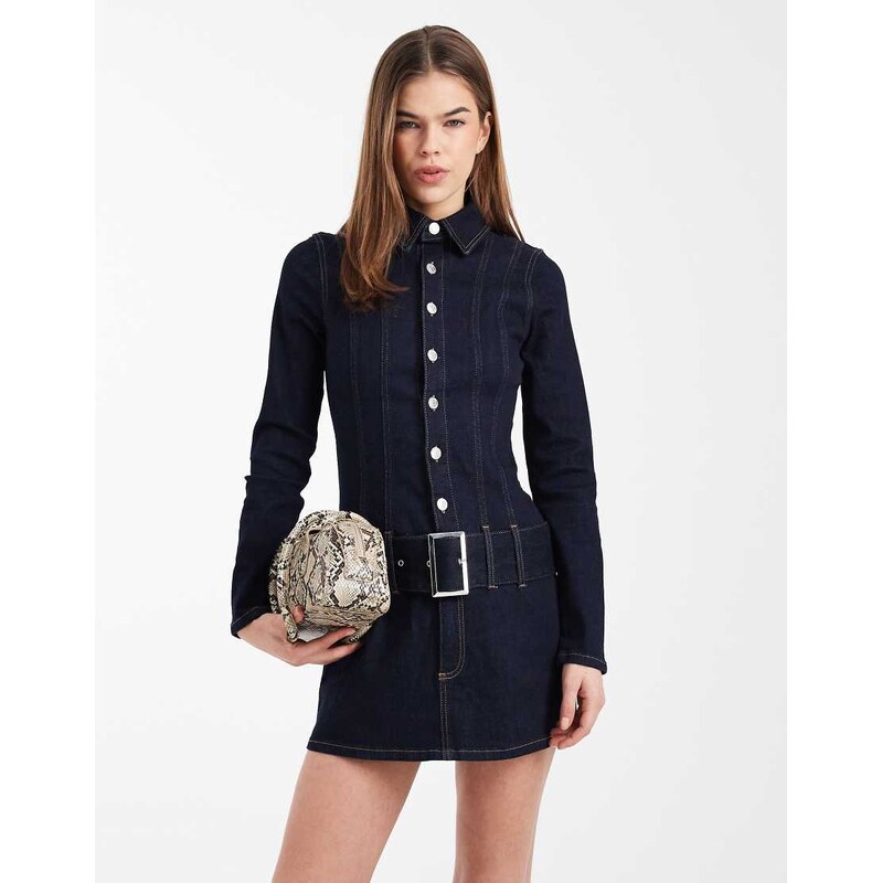 ASOS DESIGN denim drop waist belt detail mini dress in indigo