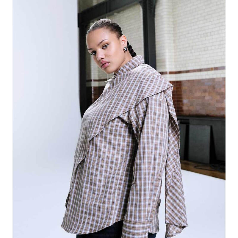 ASOS Curve wrap scarf detail oversized shirt in check-Brown 113467233