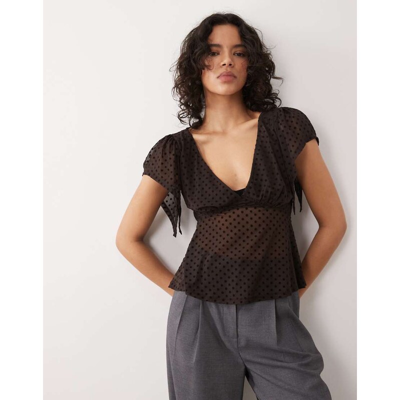 ASOS DESIGN flocked flutter sleeve top in chocolate-Brown