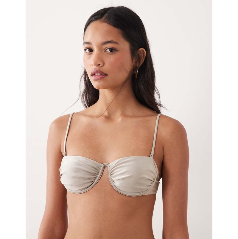 Mango ruched detail wired bikini top in champagne-Neutral 114589582