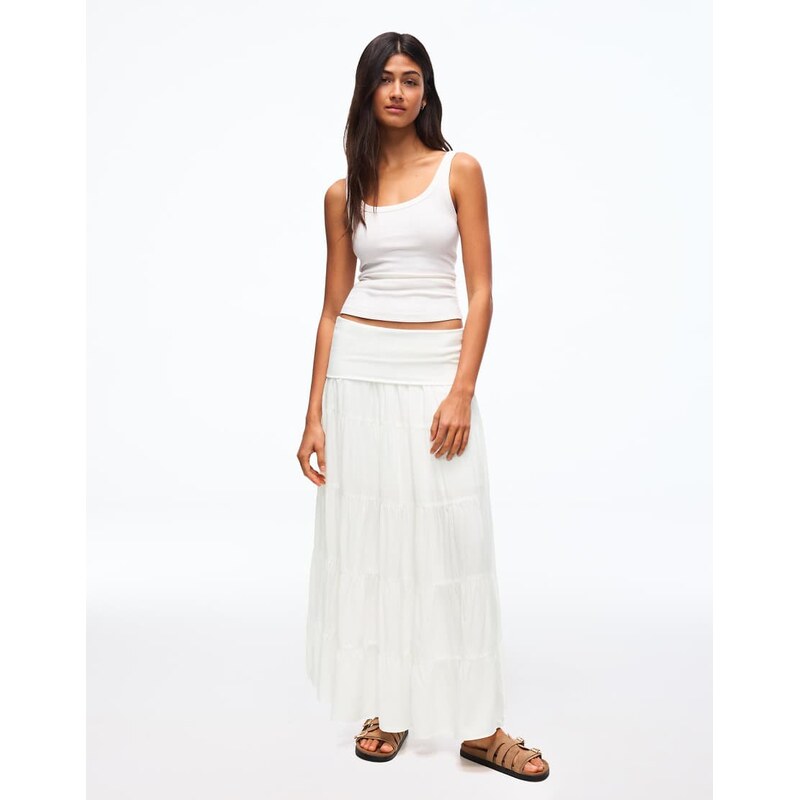 Bershka Midi skirt with turn-down waist in white