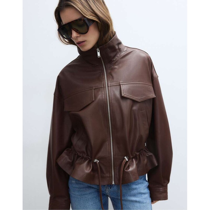 Stradivarius Leather jacket with adjustable pockets in brown 113467288