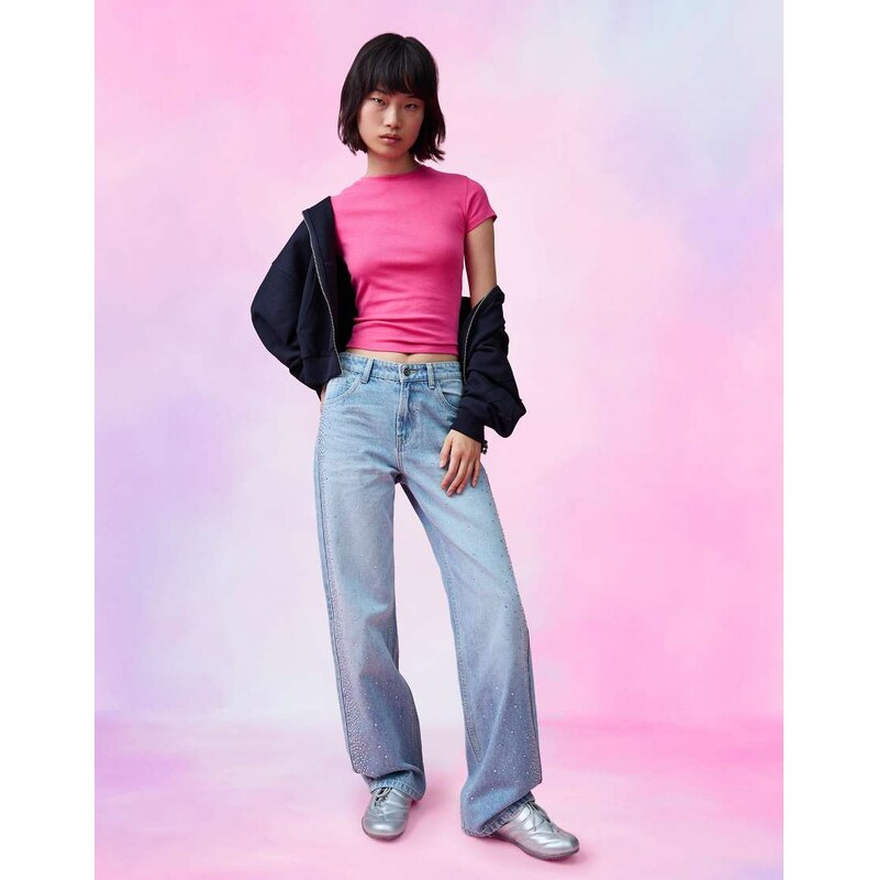 Bershka High-waist shimmery straight wide-leg jeans in mid blue