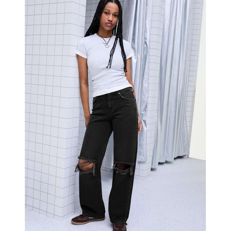 Bershka High-waist wide-leg ripped jeans in black