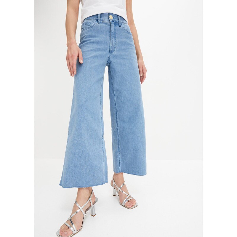 bonprix Džíny Wide Leg, High Waist, zkrácené modrá Žena