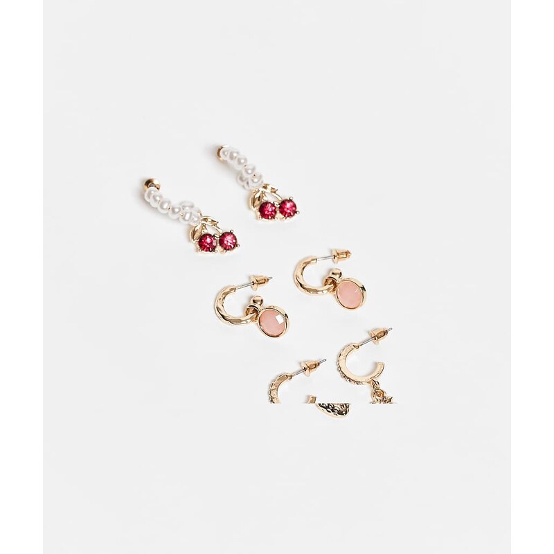 Accessorize 3 pack pink faux pearl huggie earrings in pink 113650176