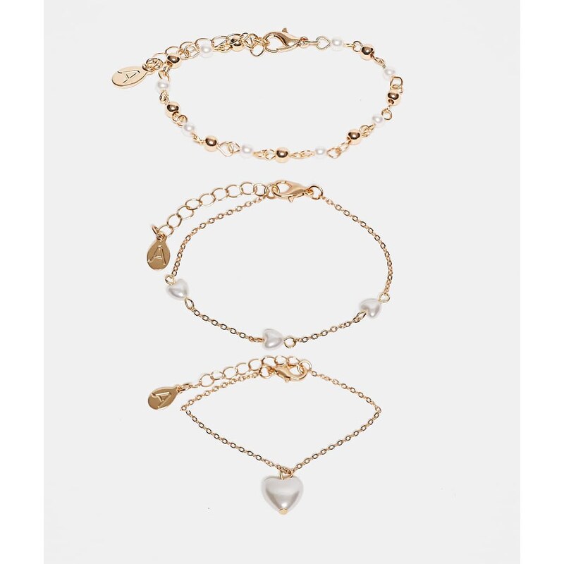 Accessorize 3 pack delicate faux pearl heart bracelet in gold 113638582