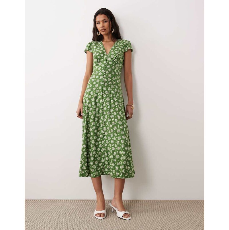 Nobodys Child Avery v-neck cap sleeve midi in green floral 113564285