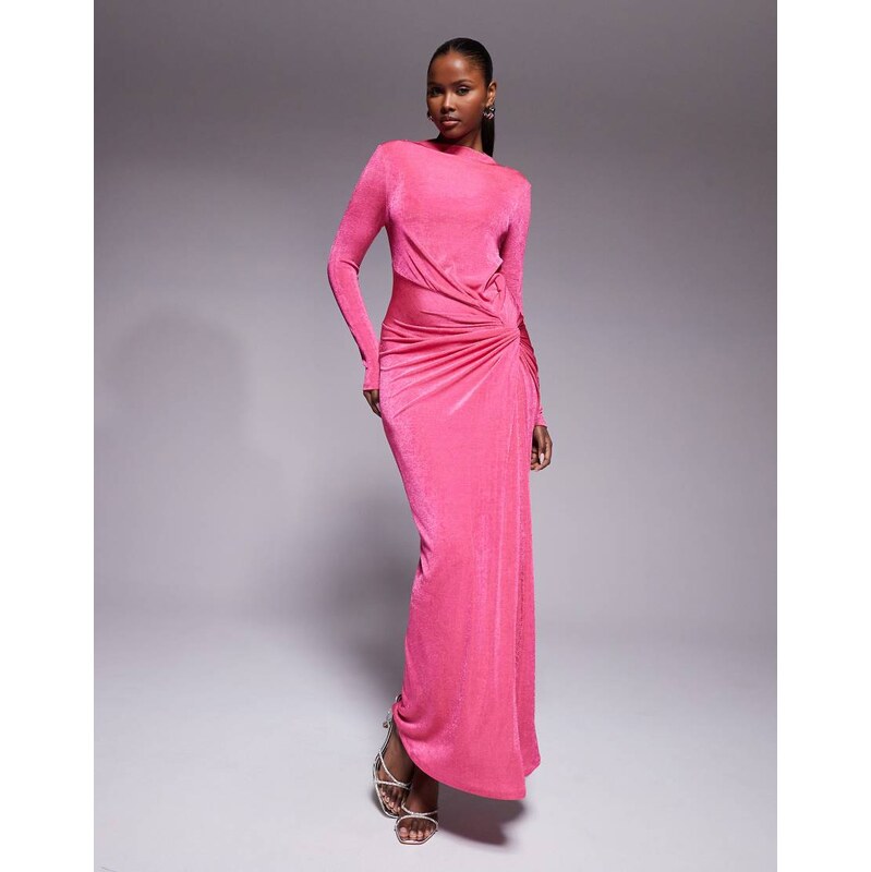 Daska stretch long sleeve high neck twist detail maxi dress in pink 115521252