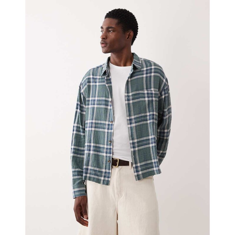ASOS DESIGN boxy oversized textured check shirt in dark green